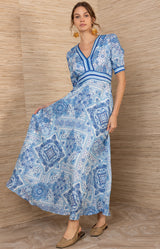 Ginevra Linen Maxi Dress- color-Blue