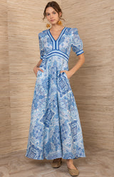 Ginevra Linen Maxi Dress- color-Blue