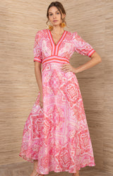 Ginevra Linen Maxi Dress- color-Red