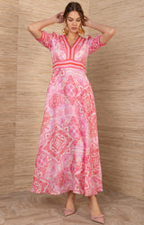 Ginevra Linen Maxi Dress- color-Red