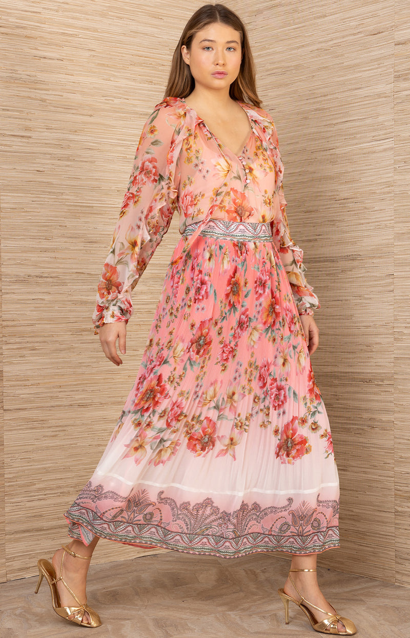 chiffon dress skirt Theodosia Coral / S Pick a Size:M Mid-Century Wooden Fluted Dresser elegant fashion Maxi dresses Serve up