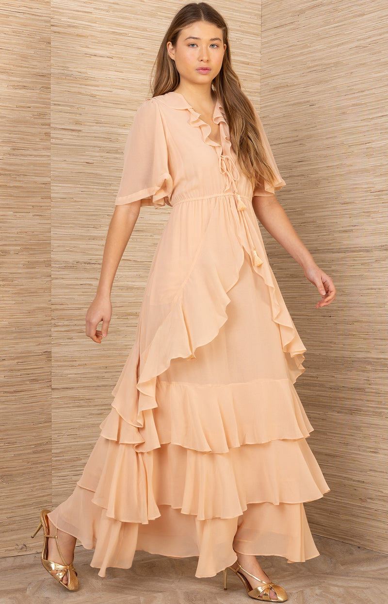 solid maxi dress for women Long Sleeve V Neck Tiered Solid Maxi Dress