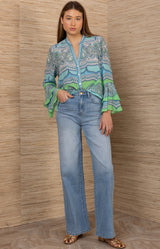 Bell Silk Top,color-Turquoise