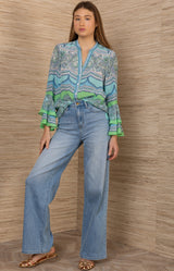 Bell Silk Top,color-Turquoise