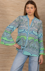 Bell Silk Top,color-Turquoise