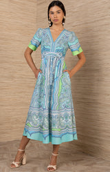 Eila Cotton Poplin Dress, color-Turquoise