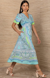 Eila Cotton Poplin Dress, color-Turquoise