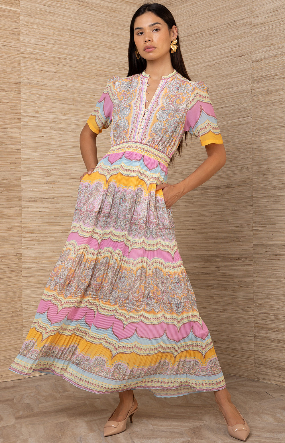 maxi colorful dress Vale Chiffon Pink / L Rodeo formal dress | over bodice that enhances Silver Long Sleeve Gown Color:Nude/ Silver