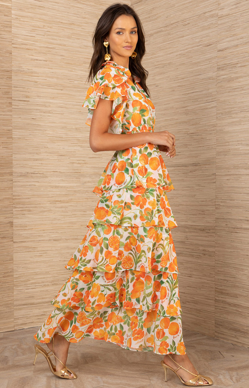 chiffon pattern dress Milena Maxi Pink / L high slits on both Color:Saffron vintage_drexel Side Tie Long Sleeve