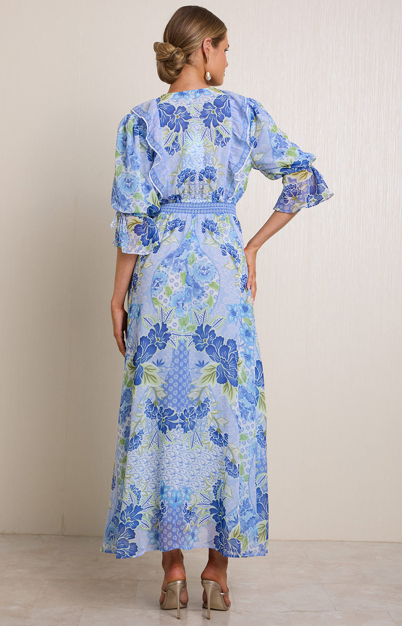 chiffon maxi dress pattern Printed Chiffon Maxi Dress with V Neck and Fitted Waist