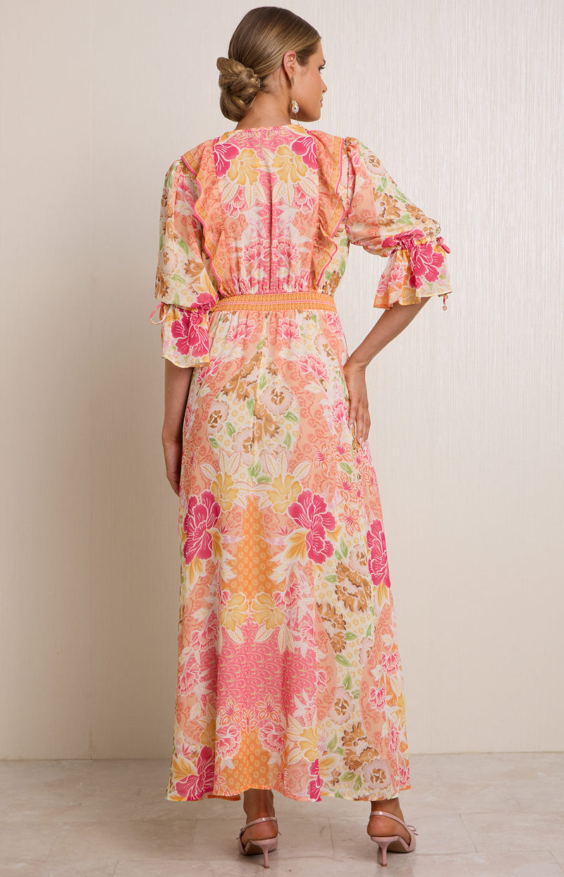 floral chiffon maxi dress with sleeves ASOS EDITION volume sleeve in black base print Brunch Dates Meridian Chiffon Maxi Dress Pink