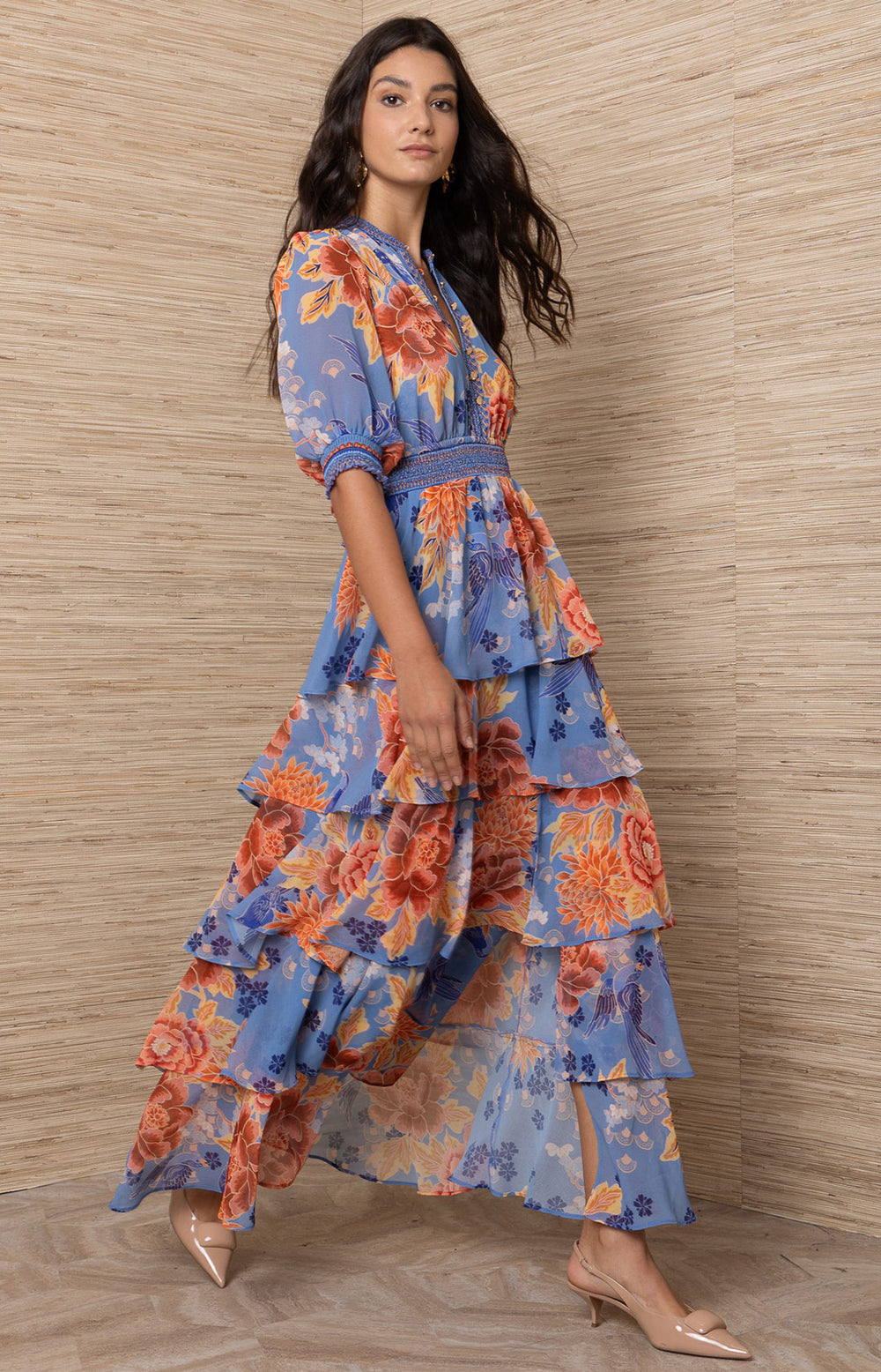 orange and blue maxi dress Wisteria Chiffon / M color:Black multi color  #27 / 56' Hattie Sexy V Neck collection:gifts-under$200 wear elegance.