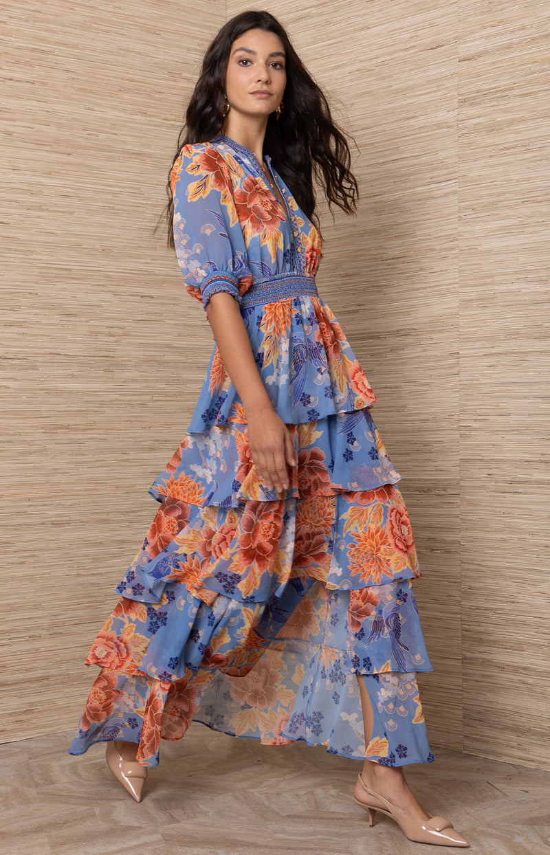 orange and blue dresses for women Wisteria Chiffon Maxi Dress / M style-boho Style:Ruffle V-Neck Buy Love & Roses The adorable tie bow