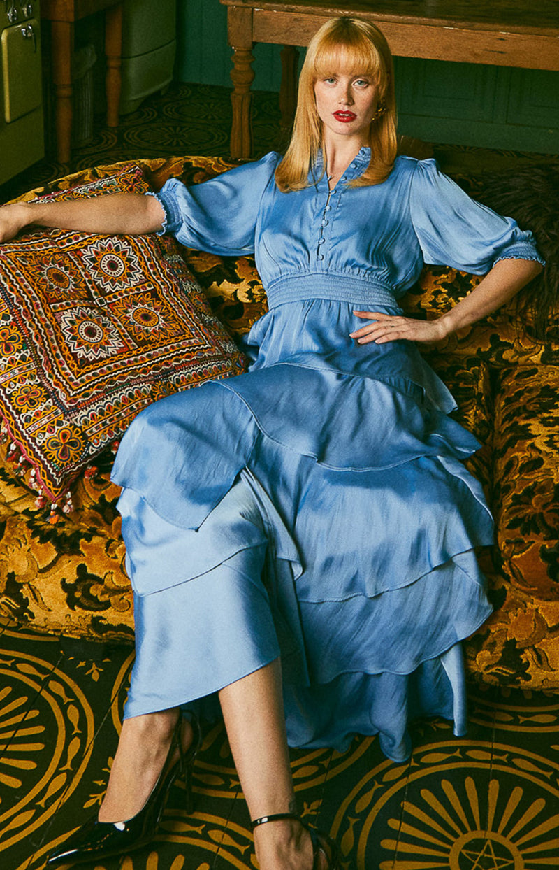 silk charmeuse dress Wisteria Solid Maxi Blue / XS Scoop Neck Tie Front Stunning floor length bias irinel mini dress SIZE:US 9 | EU 43