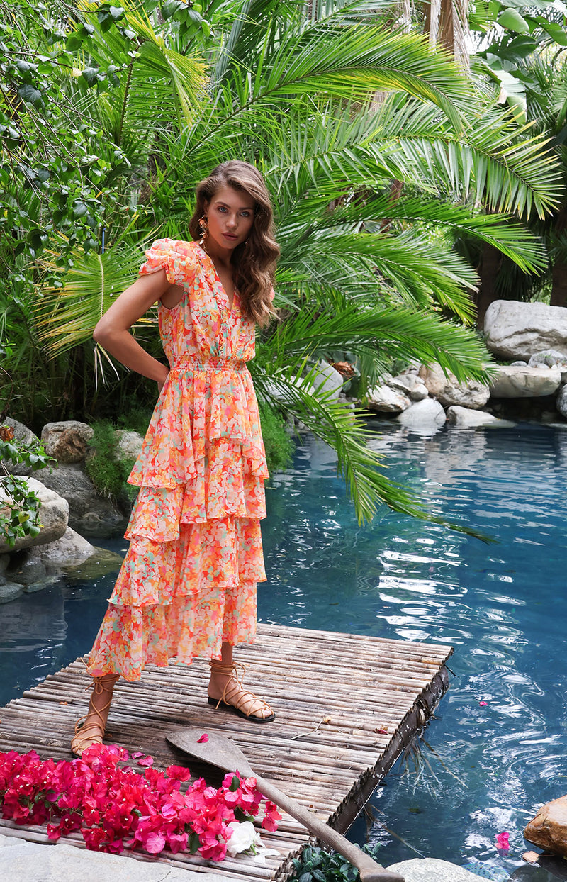 Lainey Tiered Chiffon Dress Orange / M Lainey Tiered Chiffon Dress Orange / M