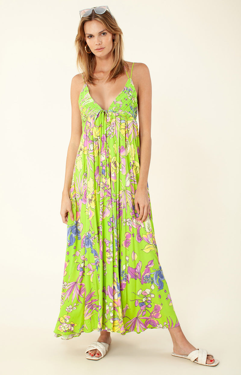color_lime, maxi dress with smocked bust