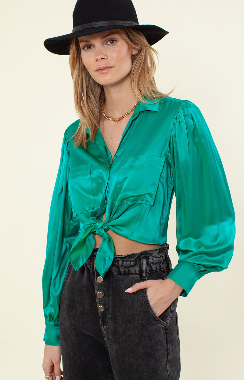 Yamei Solid Silk Top, color_kellygreen