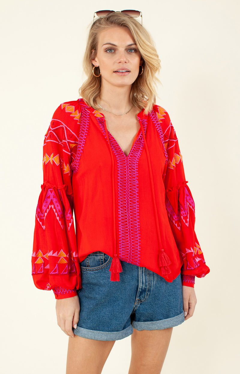 Terra Embroidered Top, color_poppy