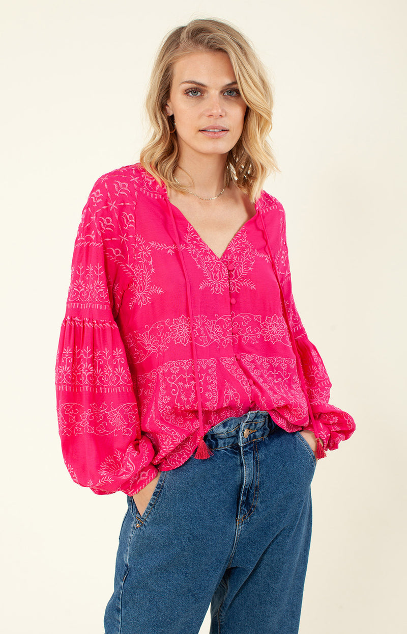 Panthea Embroidered Top, color_cranberry