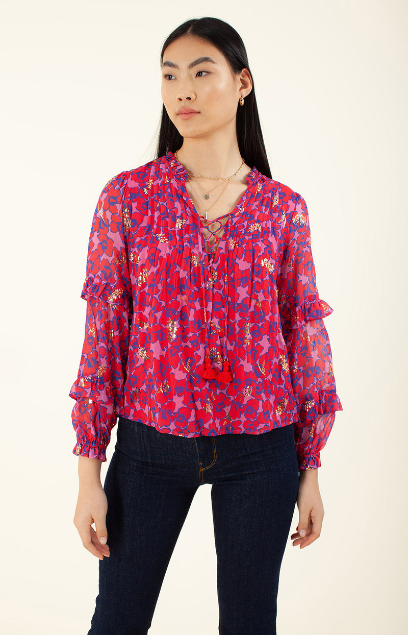 Bermai Foiled Lace-up Top, color_red
