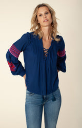 Reign Embroidered Lace-Up Top, color_navy