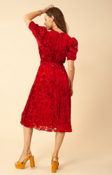 Kimbra Solid Velvet Burnout Dress, color_red