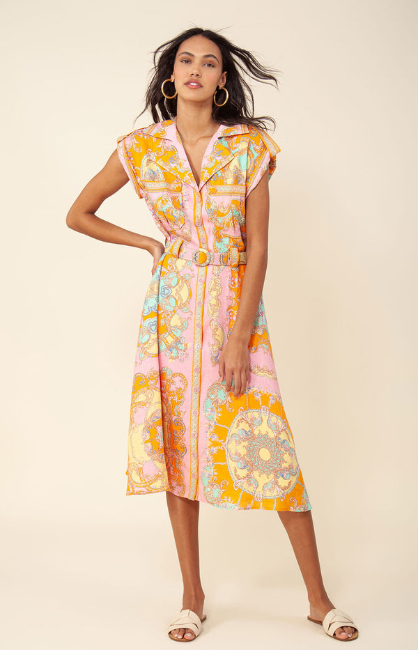 Daisy Belted Linen Midi Dress, color_pink