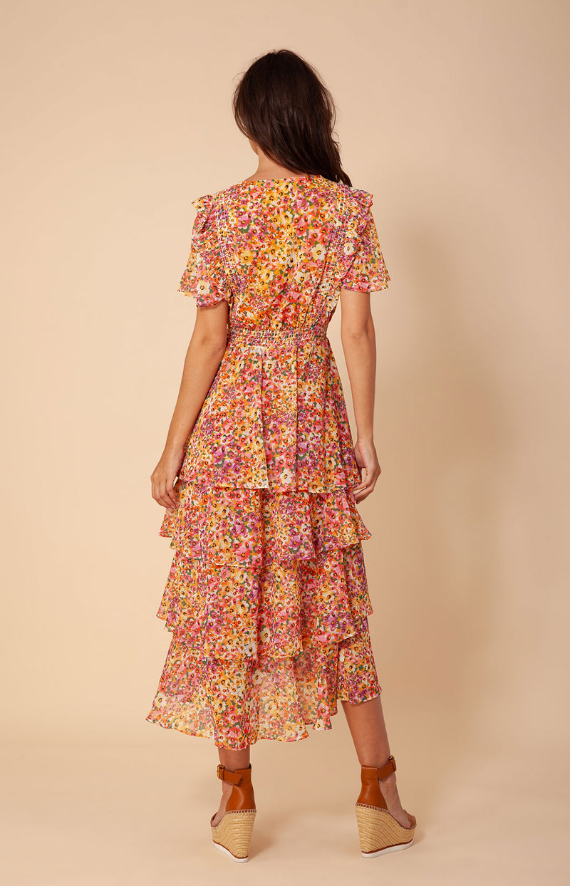 Sania Tiered Chiffon Dress, color_gold