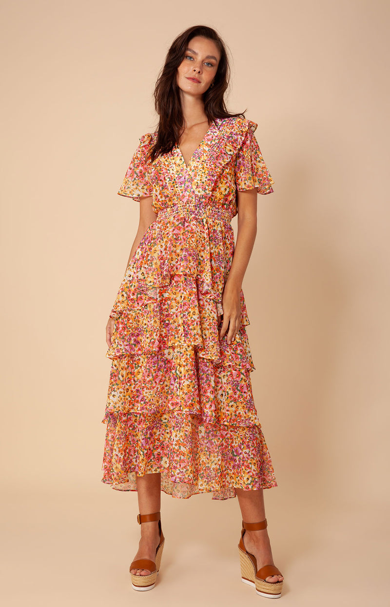 Sania Tiered Chiffon Dress, color_gold