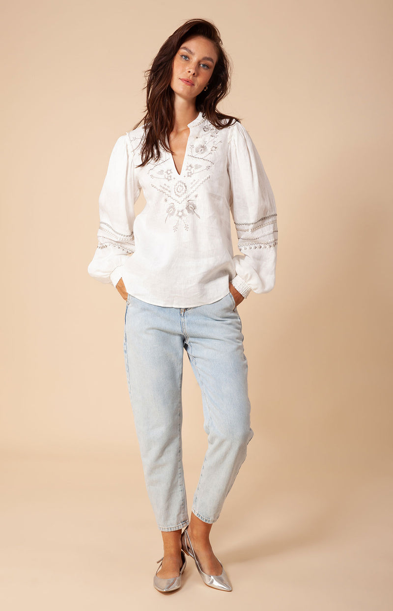 Clea Embroidered Linen Top, color_silver