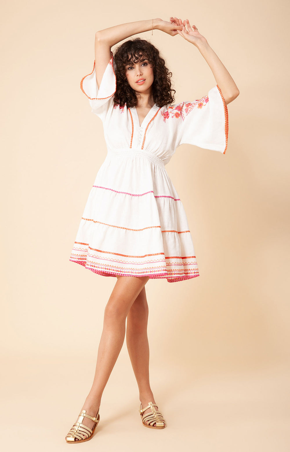 Ameri DAMASK EMBROIDERY LINEN DRESS（American ikat Free
