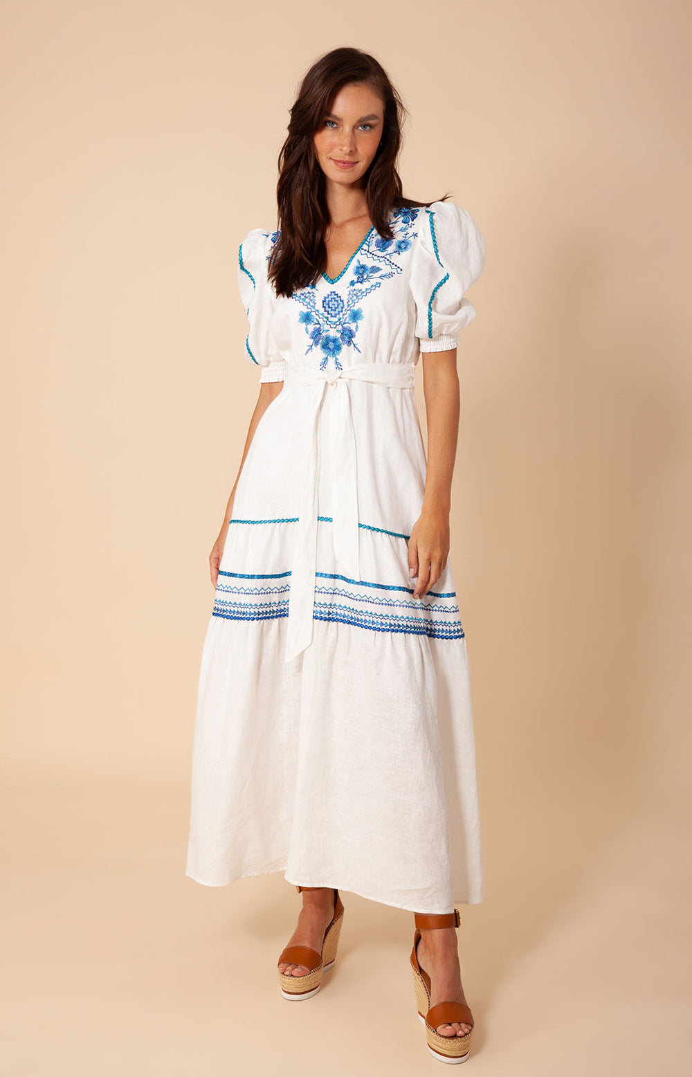 AMERI DAMASK EMBROIDERY LINEN DRESS