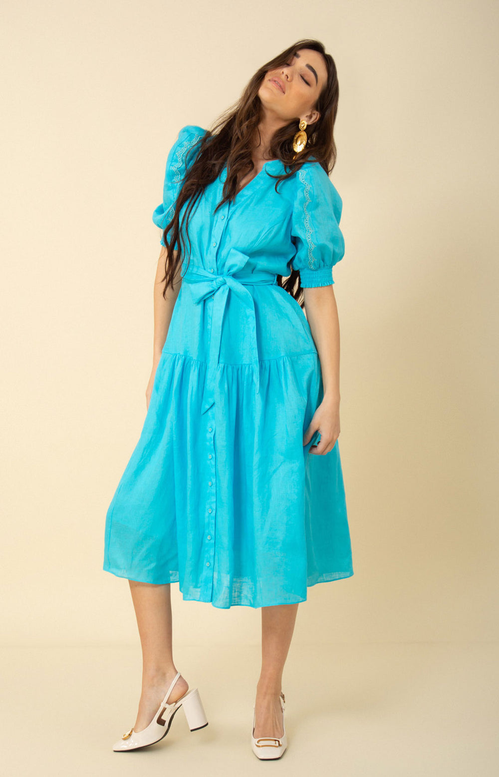 ワンピース Colette Puff-Sleeve Dress Colette Solid Linen Dress